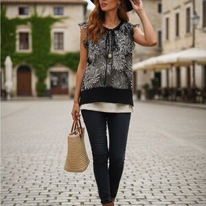 Grace & Lace Black & White Floral Sheer Ruffle Blouse with Camisole Liner - OS